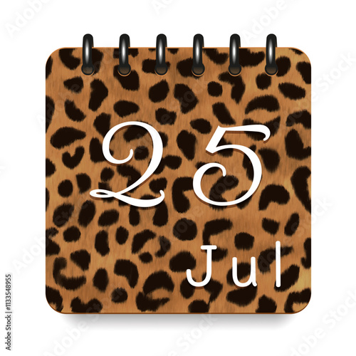 25 July. Leopard print calendar daily icon. White letters. Date day week Sunday, Monday, Tuesday, Wednesday, Thursday, Friday, Saturday.