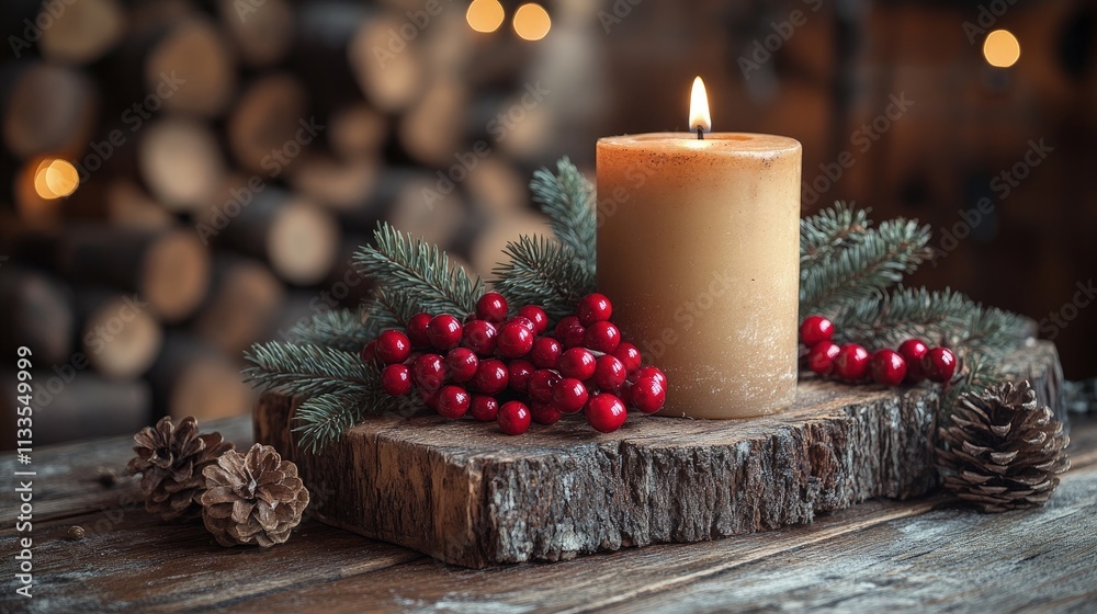 Lit candle with berries, pine, and cones on wood. Lit candle with berries, pine, and cones on wood.