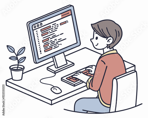 Homme programmeur travaillant sur un ordinateur avec du code sur l'illustration à l'écran. Programmeur travaillant à écrire du code. Dessin de garçon sur ordinateur isolé sur fond blanc. Illustration 
