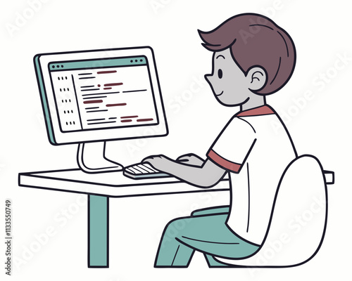 Homme programmeur travaillant sur un ordinateur avec du code sur l'illustration à l'écran. Programmeur travaillant à écrire du code. Dessin de garçon sur ordinateur isolé sur fond blanc. Illustration 