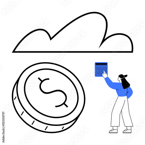 Woman interacting with a calculator next to a large dollar coin beneath a cloud outline. Ideal for finance, budgeting, cloud computing, saving money, financial technology, economic planning