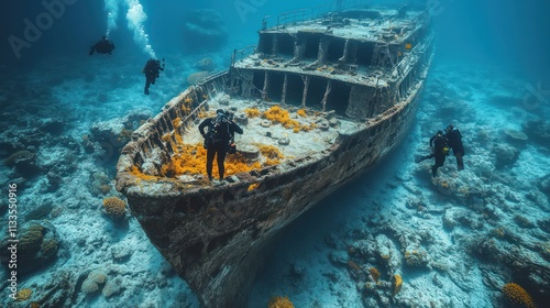 Divers exploring sunken ship, vibrant coral. photo