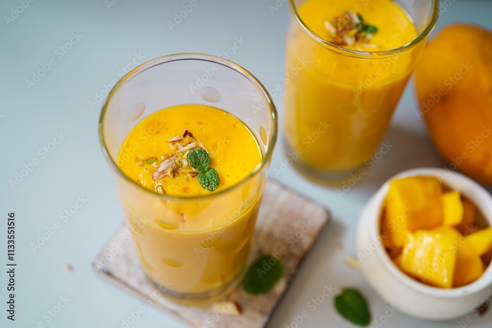 Fototapeta premium Homemade Mango Lassi | Traditional Indian smoothie with mangoes, selective focus