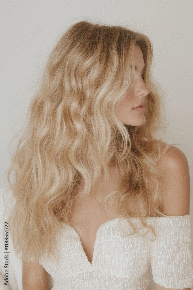 Soft wavy blonde hair, natural and relaxed tones, modern feminine editorial aesthetic, photography for social media faceless digital content marketing