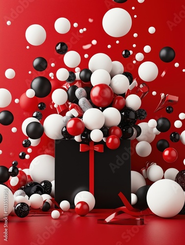 Dynamic celebration black gift box with red and white balloons on vibrant red background, festive ribbon accents and playful energy.