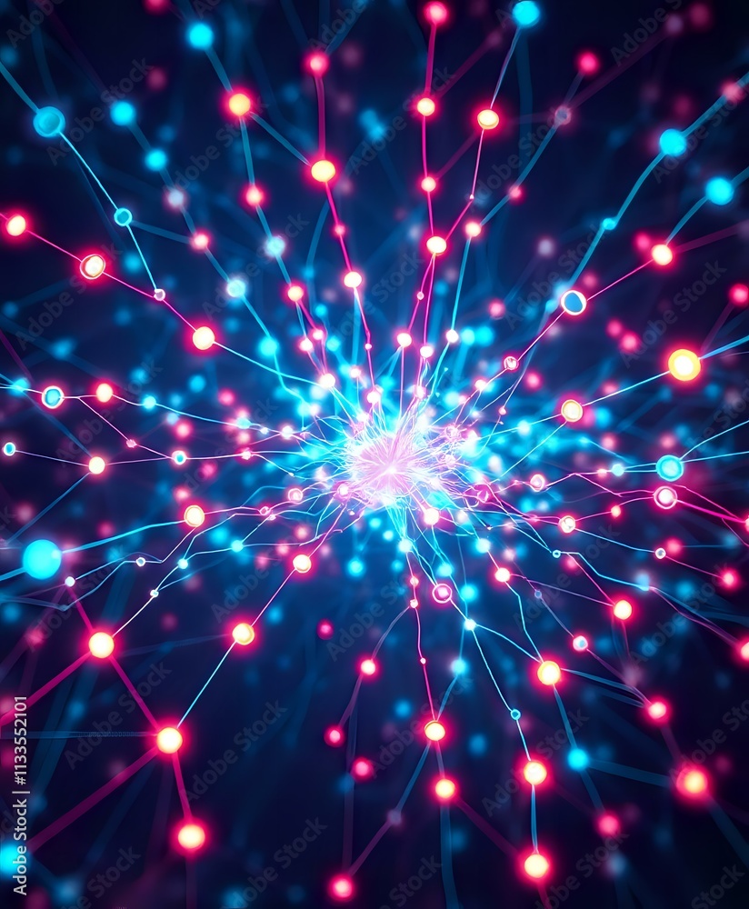 Naklejka premium Neon Star Network - Abstract Blue Pink Connections in Square Crop (4:5)