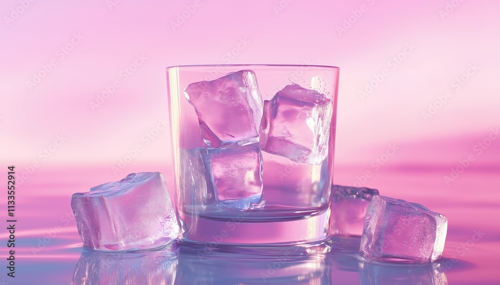 Glass with ice cubes on pink background. Glass with ice cubes on pink background.