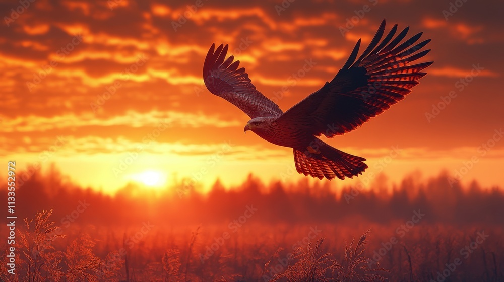 Fototapeta premium Eagle soars, fiery sunset, field grasses.
