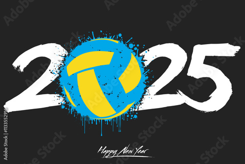 Numbers 2025 and a abstract volleyball ball made of blots in grunge style. Design text logo Happy New Year 2025. Template for greeting card, banner, poster. Vector illustration on isolated background