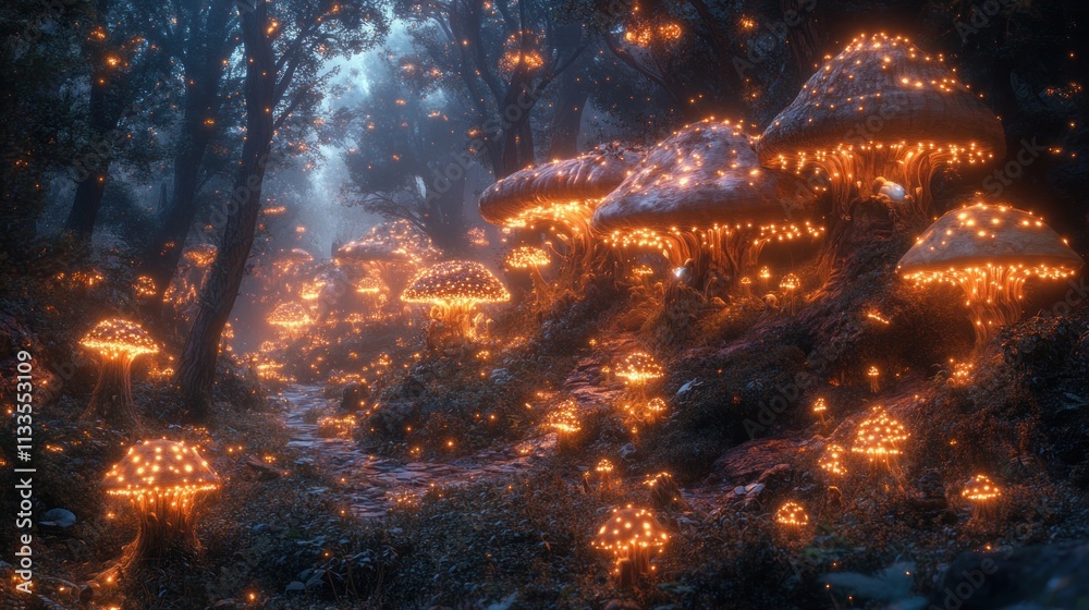 Glowing mushrooms illuminate a mystical forest path. Glowing mushrooms illuminate a mystical forest path.