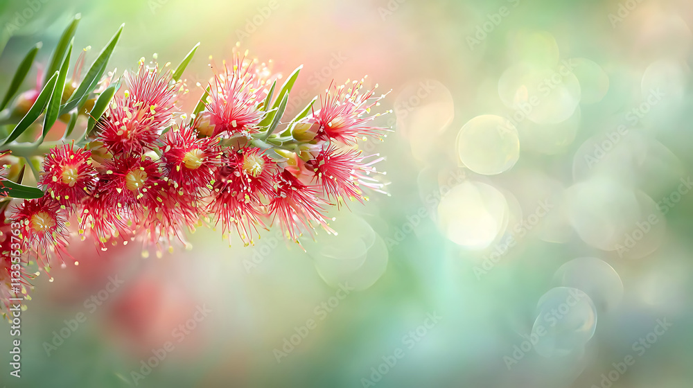vibrant close up of crimson bottlebrush, showcasing its striking red flowers and delicate details, evokes sense of natural beauty vibrant close up of crimson bottlebrush, showcasing its striking red flowers and delicate details, evokes sense of natural beauty