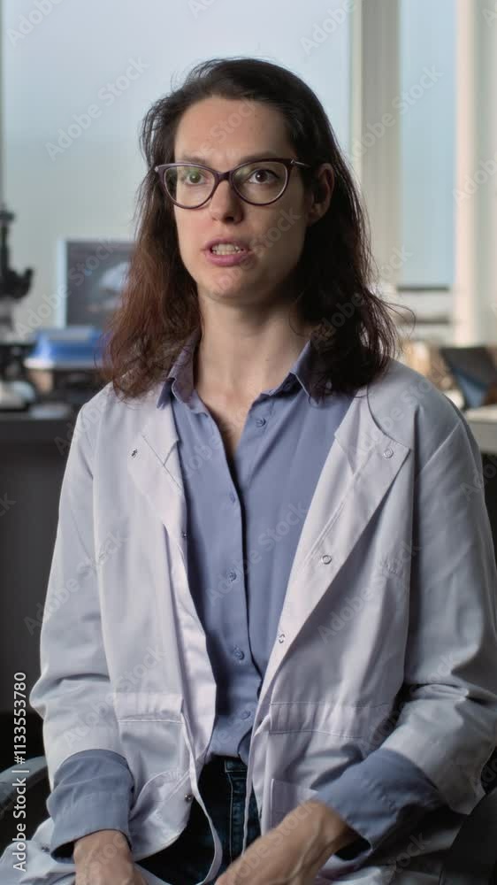 Female young scientist in lab coat talks to the camera and gives interview for popular science film while sitting in archaeological scientific lab. Male colleague works in the background. Vertical Female young scientist in lab coat talks to the camera and gives interview for popular science film while sitting in archaeological scientific lab. Male colleague works in the background. Vertical