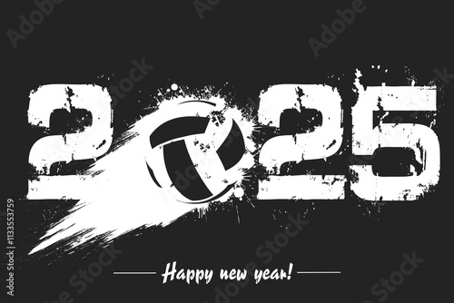 Numbers 2025 and a abstract volleyball ball made of blots in grunge style. Design text logo Happy New Year 2025. Template for greeting card, banner, poster. Vector illustration on isolated background