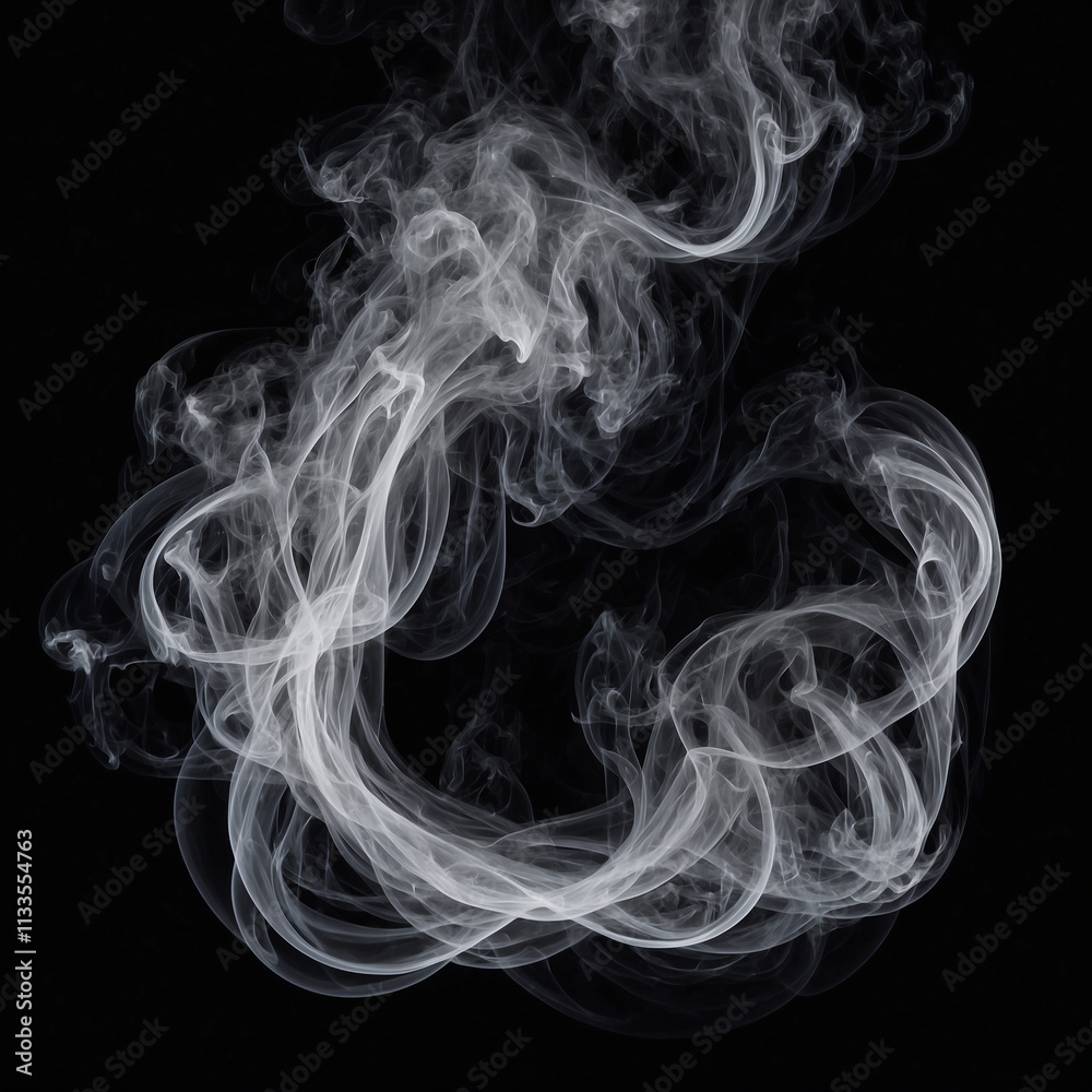 Obraz premium Soft white smoke trails in varying thickness, flowing gracefully with striking contrast against a pure black background