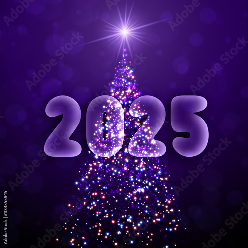 Dazzling 2025 design featuring a glowing Christmas tree on a purple background. Vector illustration for festive celebrations.