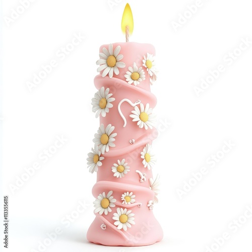 Pink candle decorated with daisies and a lit flame.