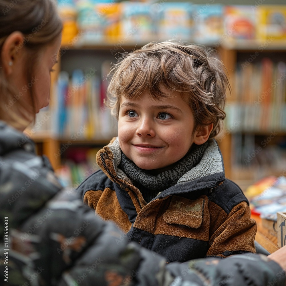 Engaged child with Down syndrome having a conversation with a speech therapist in a cozy classroom Engaged child with Down syndrome having a conversation with a speech therapist in a cozy classroom
