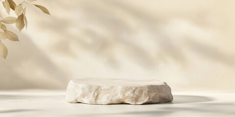 Beige rock podium for product display on light beige background with soft shadows. Natural light creates calm, serene aesthetic. Neutral backdrop rock display. Minimalist design suitable for various