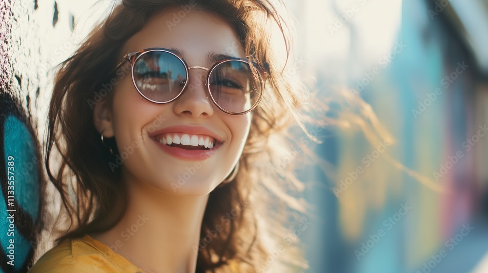 Woman with long brown hair and glasses is smiling Woman with long brown hair and glasses is smiling