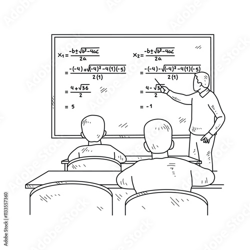 Simple sketch drawing of a  teacher is teaching his students mathematics lessons in a class at school. Education themes in simple sketch concept design vector and good for presentation purpose.