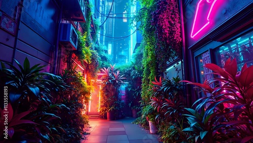 Futuristic Cityscape with Neon-Lit Alleyway