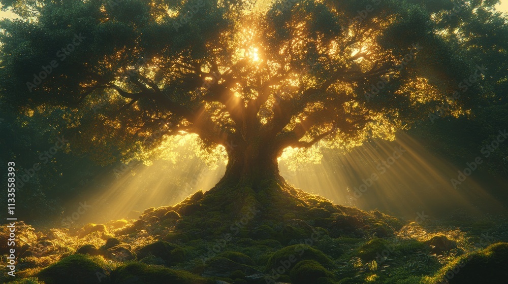 Ancient tree, sun rays, mossy base, mystical forest. Ancient tree, sun rays, mossy base, mystical forest.