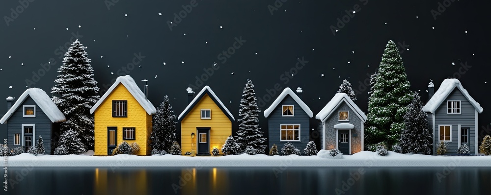 Fototapeta premium different yellow and grey winter houses set with pine tree and snow on black background 