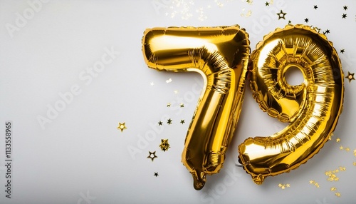 Number 79 golden balloons on white background with copy space. Generated image photo