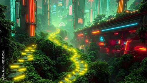 Neon Lit Cyberpunk Cityscape with Hiking Trail & Explosion