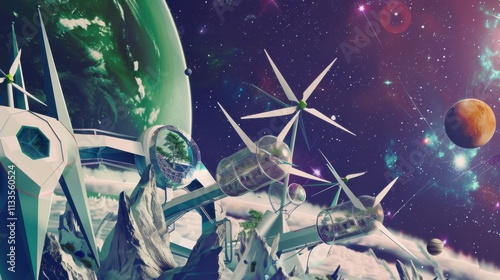 A conceptual image of a futuristic space station powered by solar sails and surrounded by orbiting wind turbines, with transparent biodomes cultivating plants and generating oxygen photo