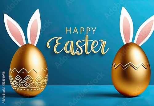 Golden Easter eggs with bunny ears and 