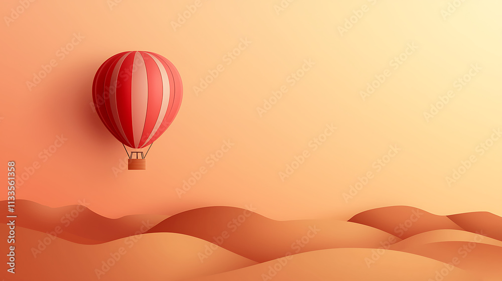 Obraz premium minimalist design of red hot air balloon soaring over soft, sandy dunes evokes sense of adventure and tranquility
