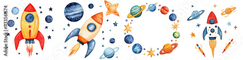 Colorful space themed watercolor clipart featuring rockets and planets, isolated on transparent background.
