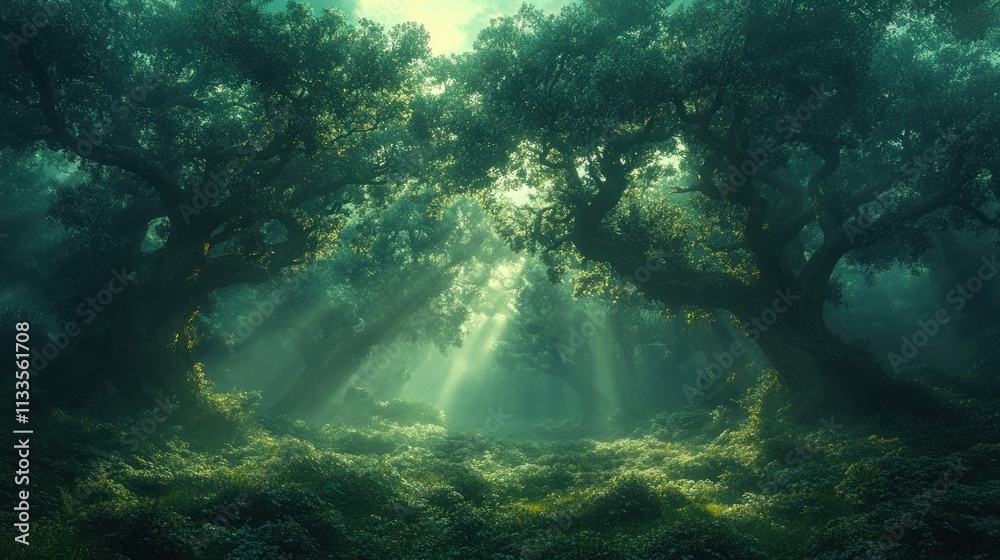 Obraz premium Sunlit path through mystical, green forest.