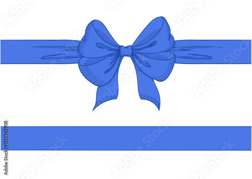 Vintage style decorated long blue bow and ribbon. Hand drawn vintage line art vector illustration.