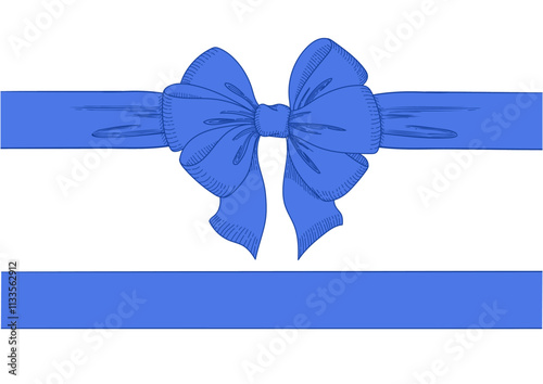 Vintage style decorated long blue bow and ribbon. Hand drawn vintage line art vector illustration.