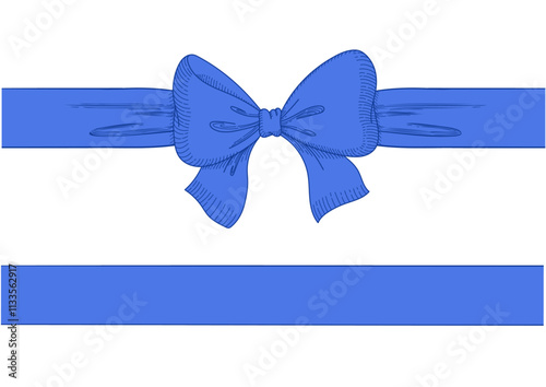 Vintage style decorated long blue bow and ribbon. Hand drawn vintage line art vector illustration.