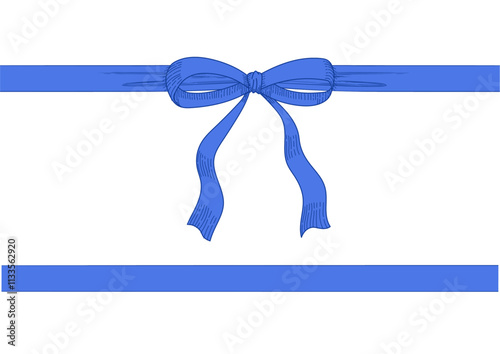 Vintage style decorated long blue bow and ribbon. Hand drawn vintage line art vector illustration. 