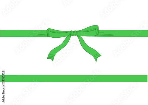 Vintage style decorated long green bow and ribbon. Hand drawn vintage line art vector illustration.