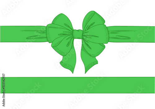 Vintage style decorated long green bow and ribbon. Hand drawn vintage line art vector illustration.