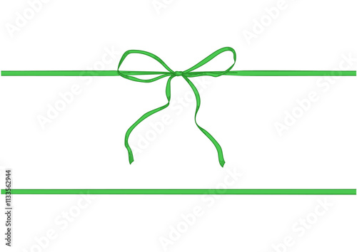 Vintage style decorated long green bow and ribbon. Hand drawn vintage line art vector illustration. 