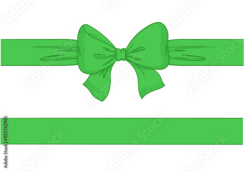 Vintage style decorated long green bow and ribbon. Hand drawn vintage line art vector illustration.