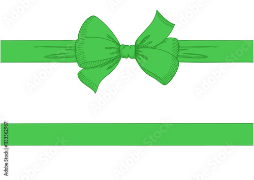 Vintage style decorated long green bow and ribbon. Hand drawn vintage line art vector illustration.