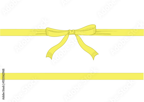 Vintage style decorated long yellow bow and ribbon. Hand drawn vintage line art vector illustration.
