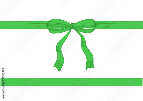 Vintage style decorated long green bow and ribbon. Hand drawn vintage line art vector illustration. 