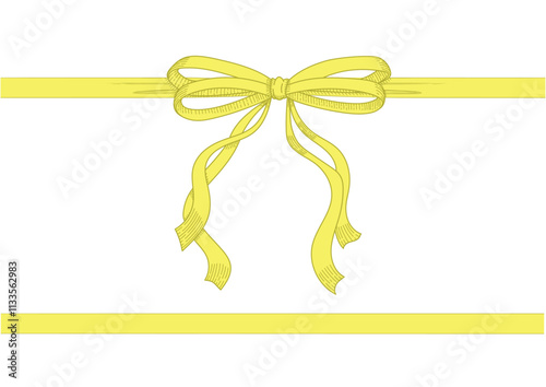 Vintage style decorated long yellow bow and ribbon. Hand drawn vintage line art vector illustration.