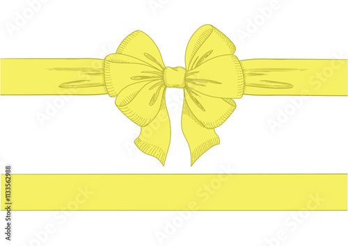 Vintage style decorated long yellow bow and ribbon. Hand drawn vintage line art vector illustration.