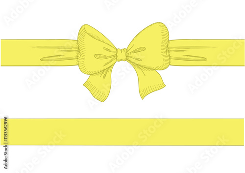 Vintage style decorated long yellow bow and ribbon. Hand drawn vintage line art vector illustration.