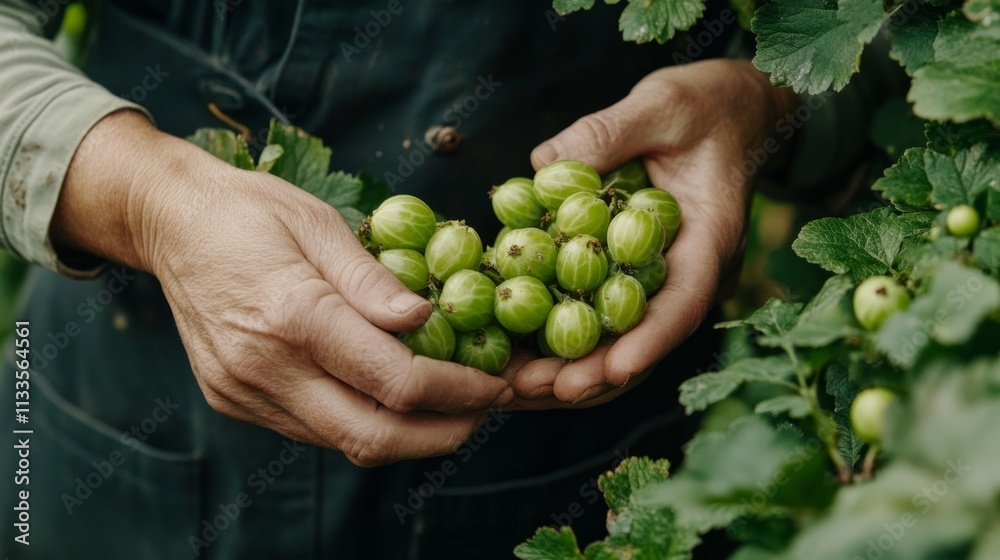 Close-up, A handful of fresh, ripe gooseberries. Farmer Harvesting gooseberries in the garden. Close-up, A handful of fresh, ripe gooseberries. Farmer Harvesting gooseberries in the garden.