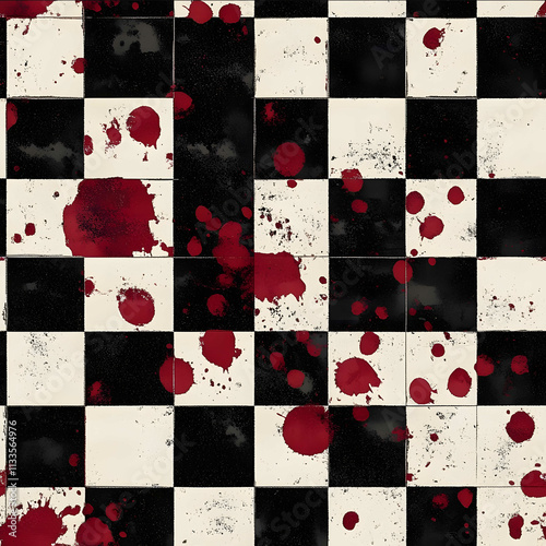 a chequered board style in black and white rug in a top down view with dark red splats over the top all in 3d and lots of detail